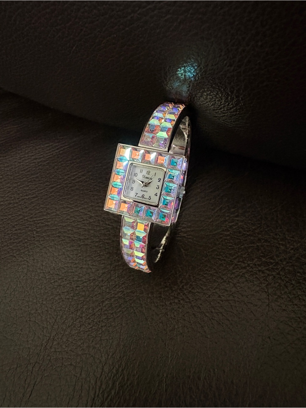 Xanadu Y2K Statement Bangle Watch, Iridescent Square Rhinestone Crystals.
NEW.